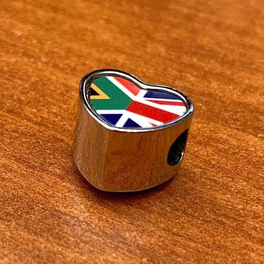 South Africa United Kingdom Union Jack blended Flag heart bracelet stainless steel charm bead Personalised Add on Large hole bead Valentine