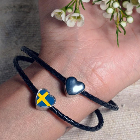 Sweden Swedish Flag heart stainless steel charm bead  Flag Bead Personalised Charm. Add on bead.