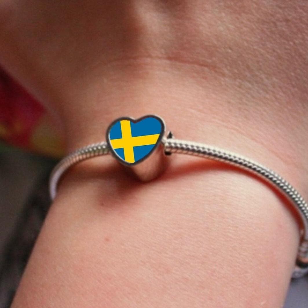 Sweden Swedish Flag heart stainless steel charm bead  Flag Bead Personalised Charm. Add on bead.