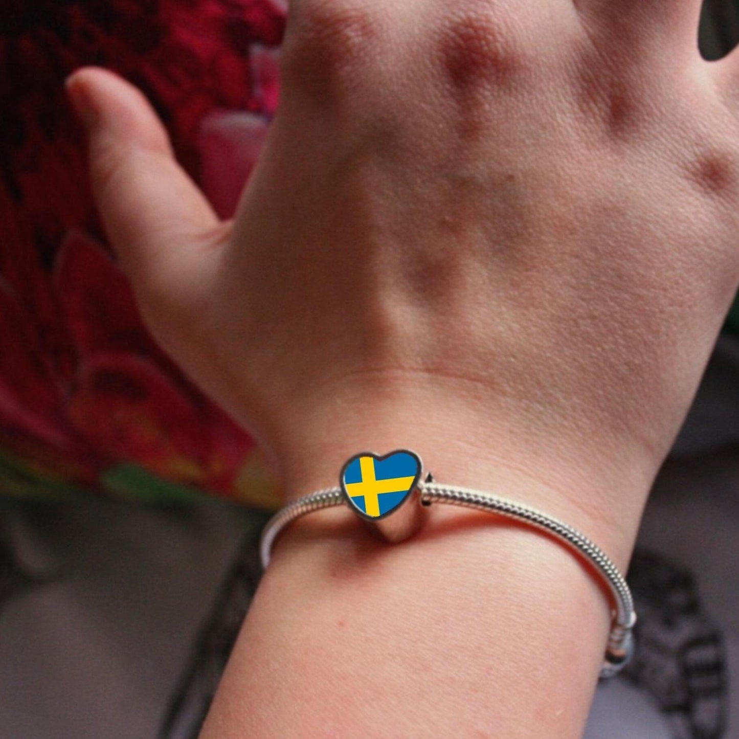Sweden Swedish Flag heart stainless steel charm bead  Flag Bead Personalised Charm. Add on bead.