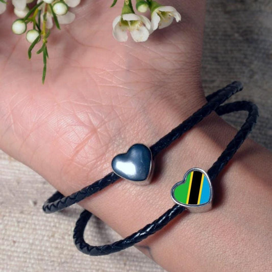 Tanzania Tanzanian heart shaped bracelet stainless steel charm Personalised flag bead Add on large hole charm bead Valentine’s gift Mum Mom