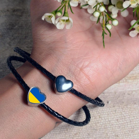Ukraine Flag Heart Charm, Personalised Stainless Steel Bracelet Bead