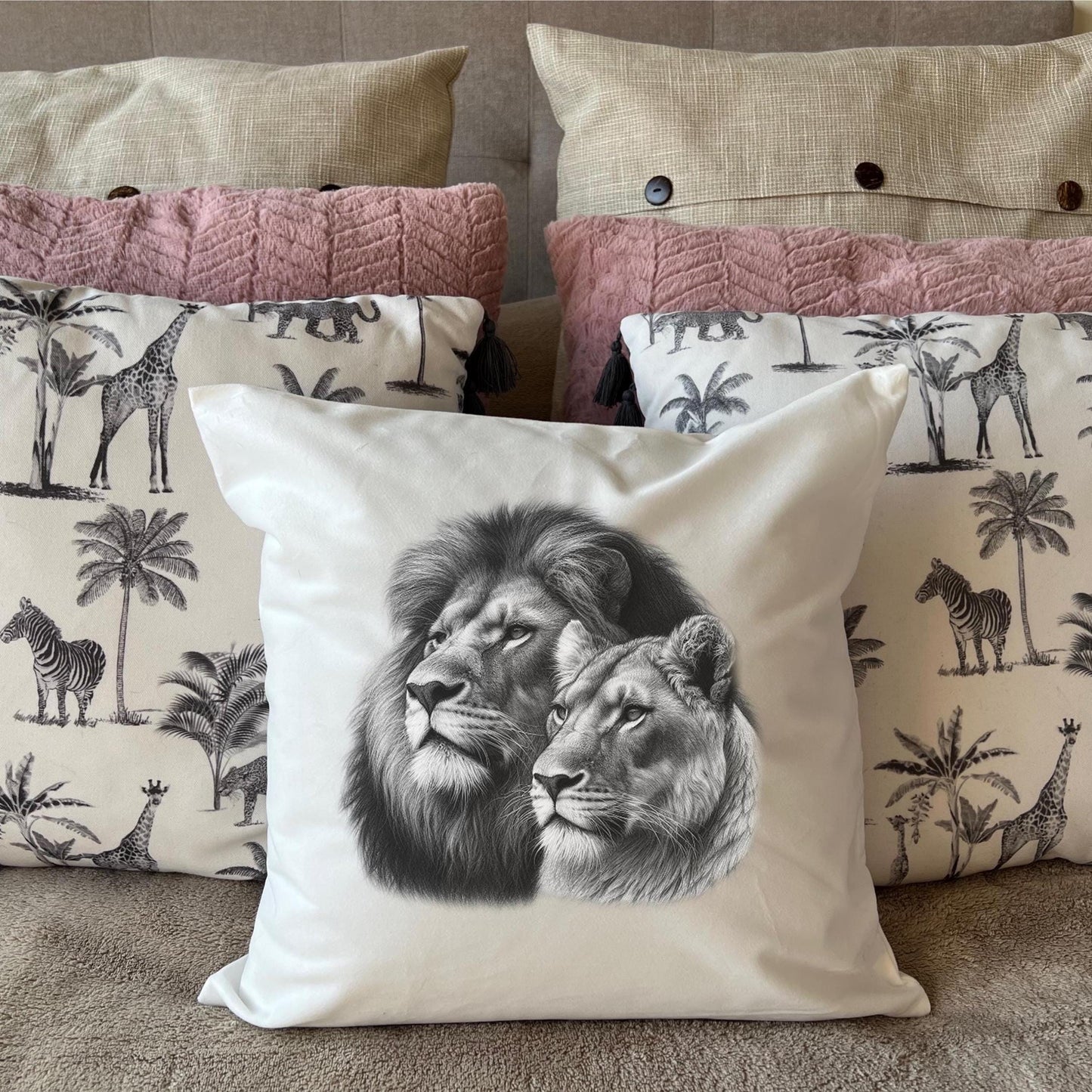 Lion Couple Sketch Valentine's Day White Scatter cushion pillow  Birthday Gift for Mum Mother's Day Grandmother Safari South Africa Ubuntu