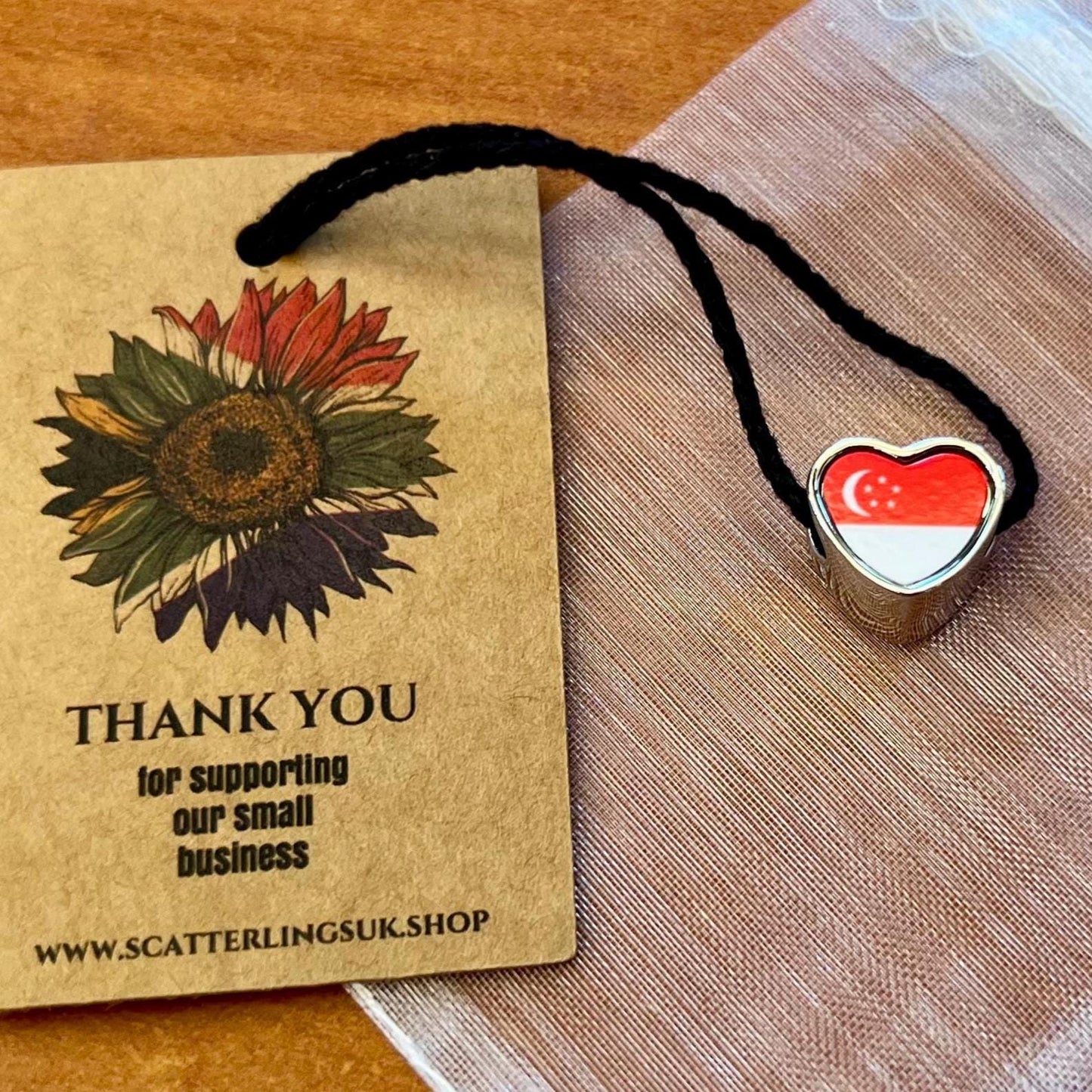 Singapore Flag heart stainless steel charm bead personalised large hole charm add on bead. Valentine’s gift for mom mum.