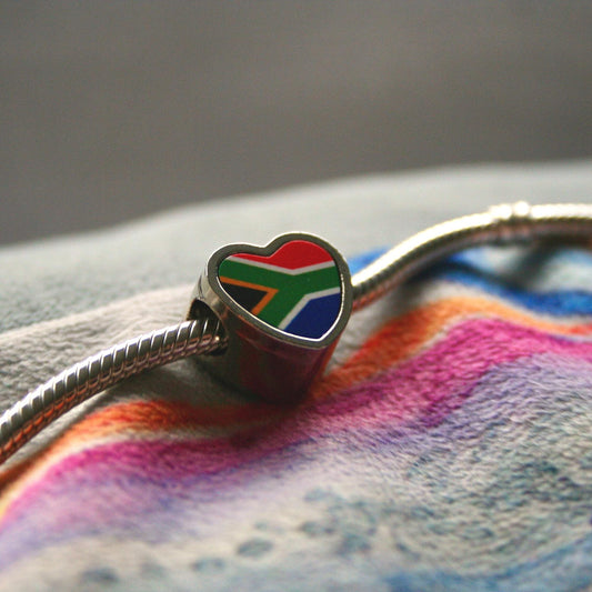 South Africa Flag heart shaped bracelet stainless steel charm bead Christmas Birthday Valentine Day gift Personalised Large hole add on bead