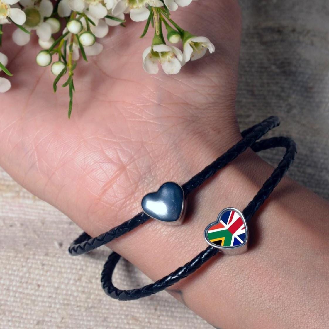 South Africa United Kingdom Union Jack blended Flag heart bracelet stainless steel charm bead Personalised Add on Large hole bead Valentine