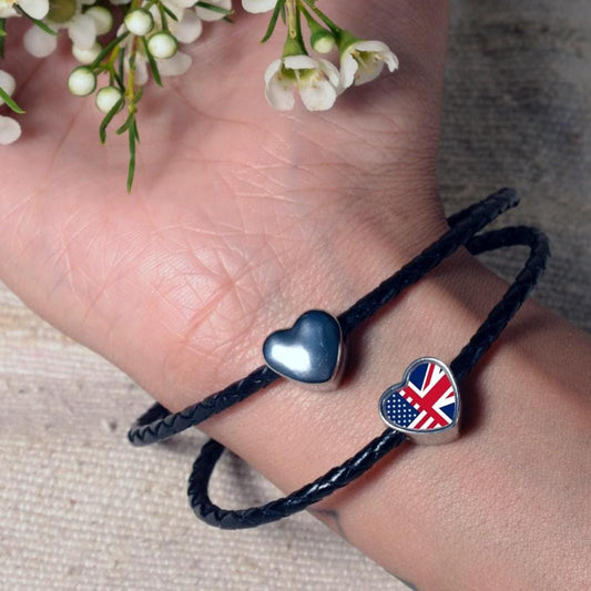 United States United Kingdom blended Flag heart bracelet stainless steel add on large hole charm bead Personalised Valentine gift for mom