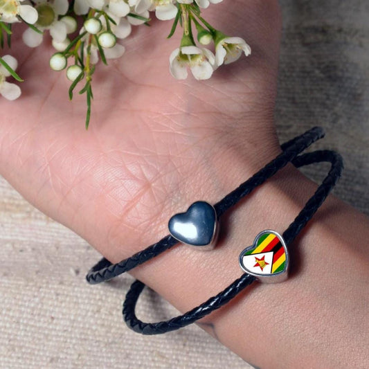 Zimbabwe Zimbabwean flag heart shaped bracelet stainless steel charm bead Personalised charm Add on Large hole Valentine’s gift for mum mom