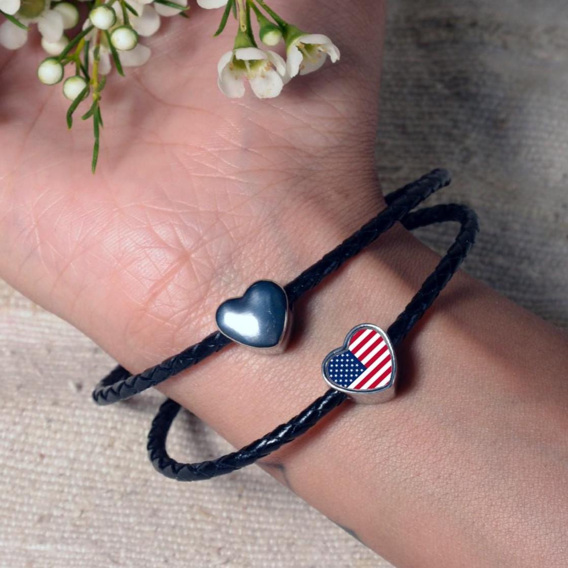 United States USA 'Stars and Stripes' heart bracelet stainless steel charm bead Personalised Charm add on large hole bead Valentine’s gift
