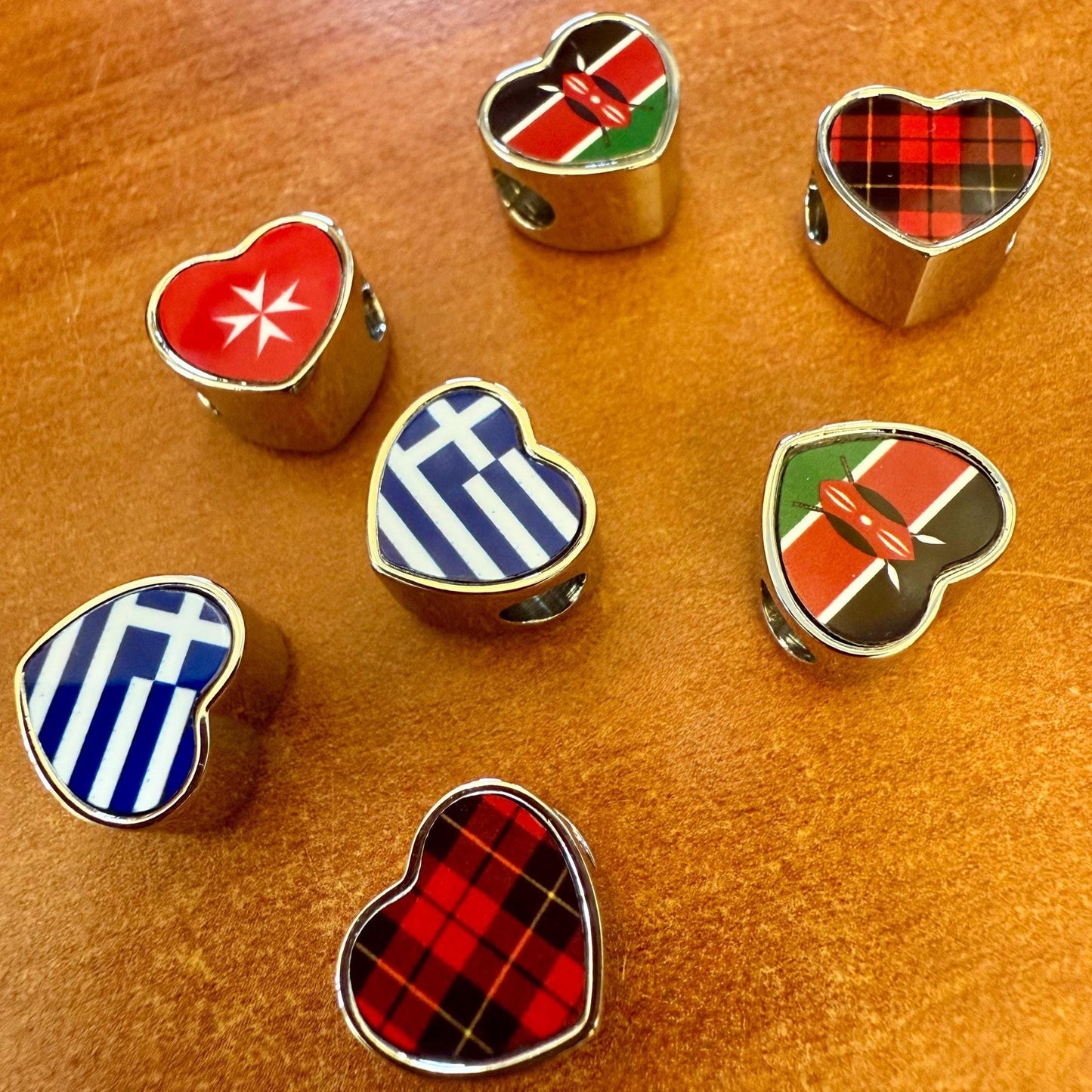 Personalised hand printed Flags of the World bracelet heart stainless steel charm bead Add on bead. Large hole bead Anniversary gift for her