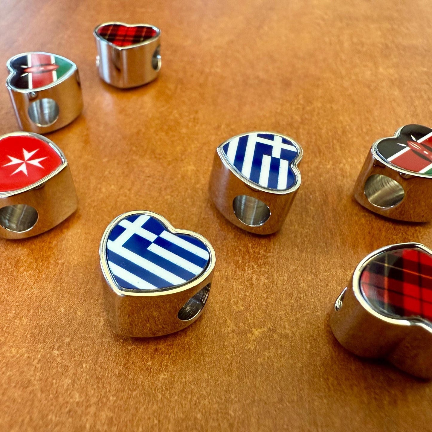 Personalised hand printed Flags of the World bracelet heart stainless steel charm bead Add on bead. Large hole bead Anniversary gift for her