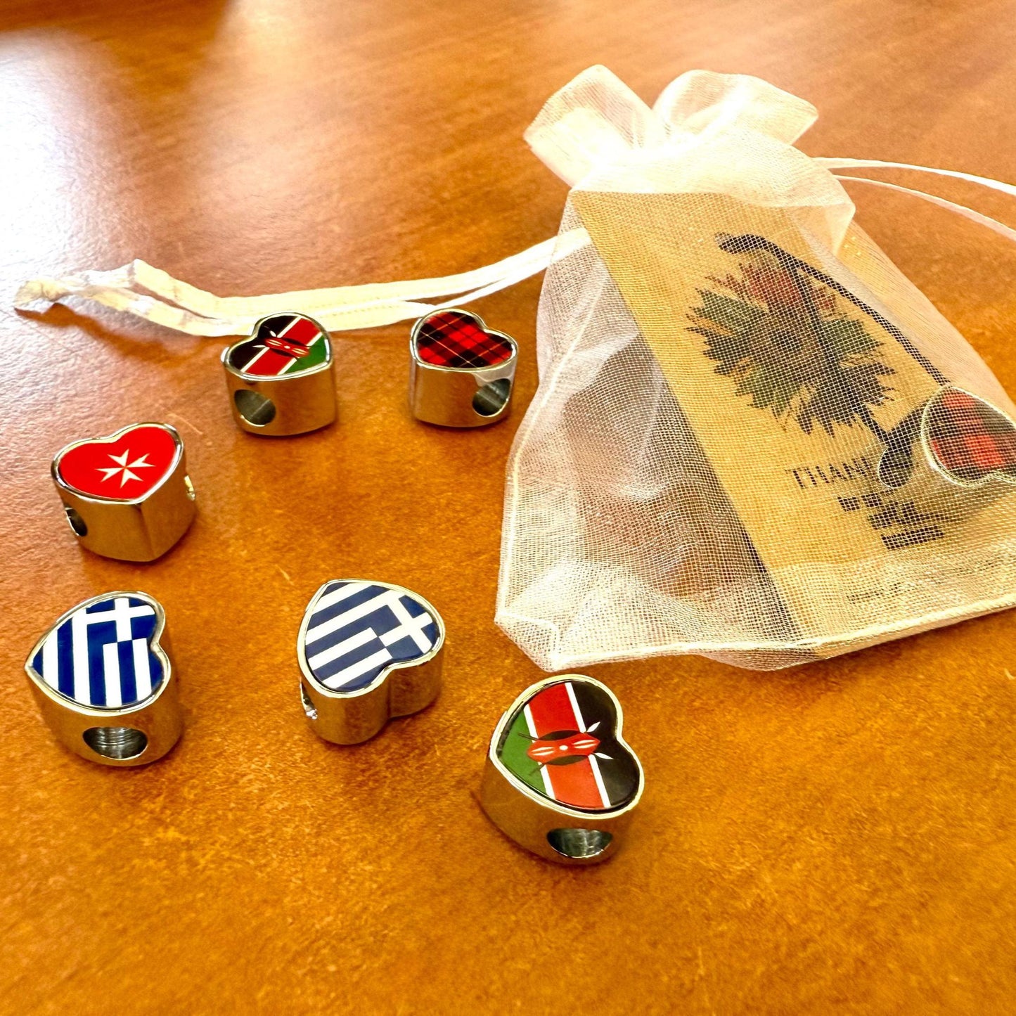 Personalised hand printed Flags of the World bracelet heart stainless steel charm bead Add on bead. Large hole bead Anniversary gift for her