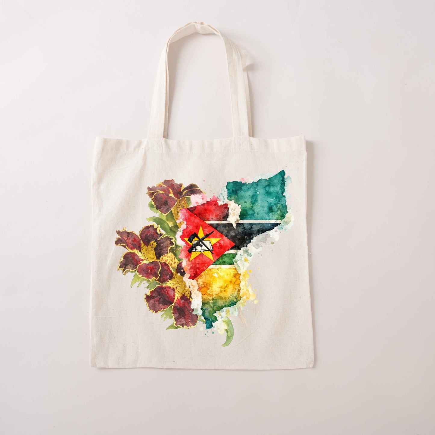 Mozambique Floral Map Tote Bag - Maroon Bell Bean Watercolor Design