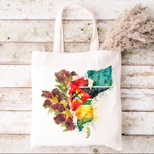 Mozambique Floral Map Tote Bag - Maroon Bell Bean Watercolor Design