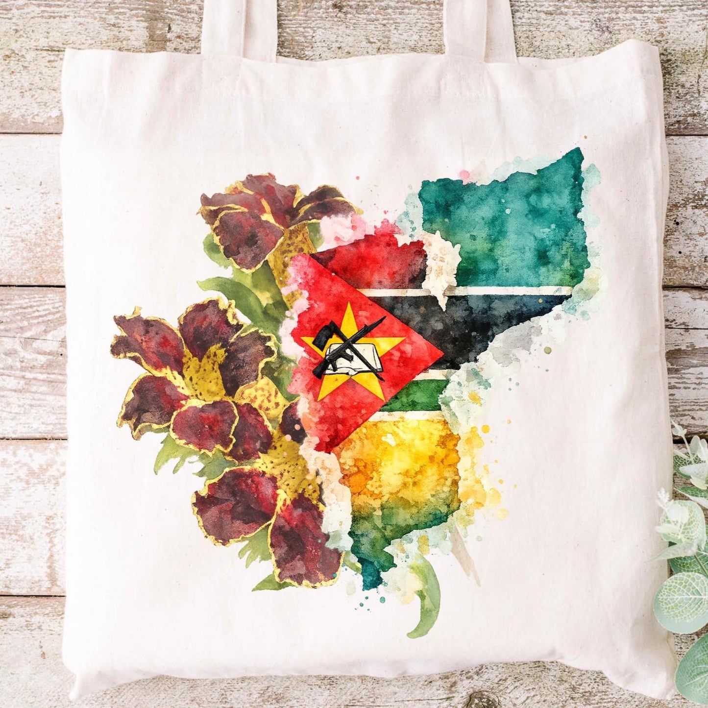 Mozambique Floral Map Tote Bag - Maroon Bell Bean Watercolor Design