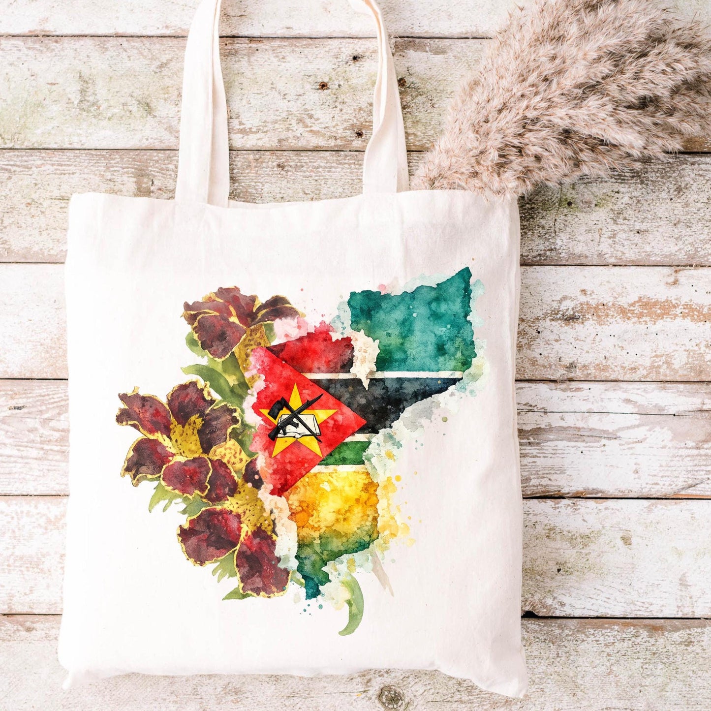 Mozambique Floral Map Tote Bag - Maroon Bell Bean Watercolor Design