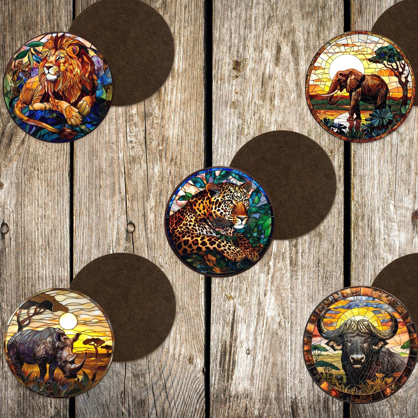 Safari Animals Coasters, South African Big Five, Tea Coffee Table Mats Set of Five