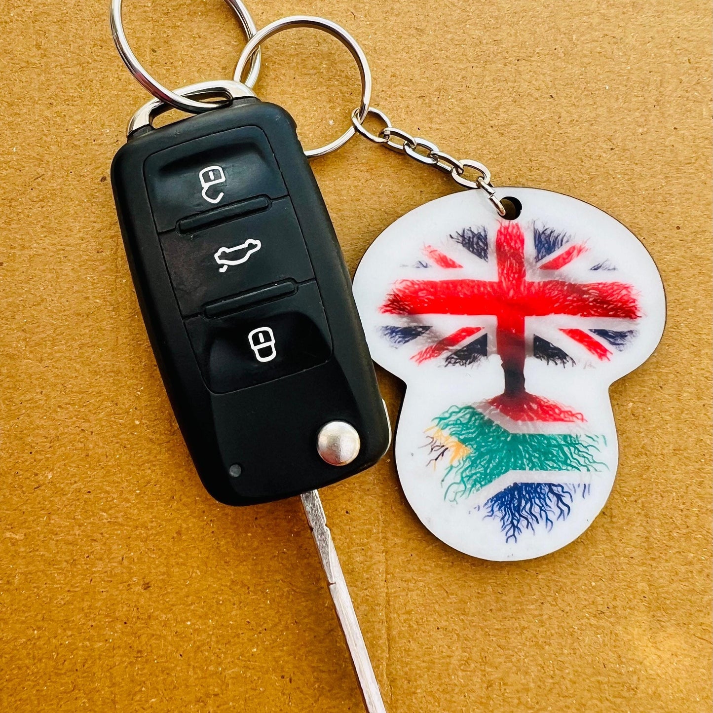 South African flag Union Jack keyring keychain heritage roots New home housewarming immigration car travel christmas gift personalised