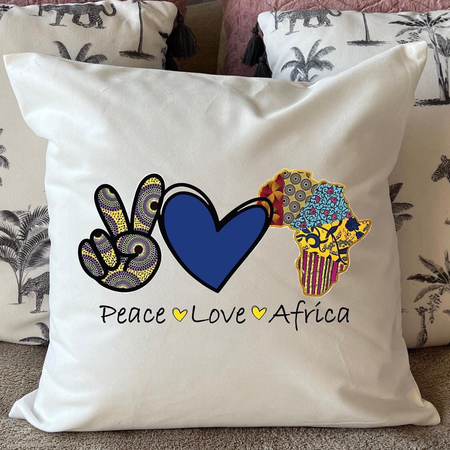 Peace Love Africa design South African Design plush white deluxe soft feel scatter cushion. ( 40x40cm )