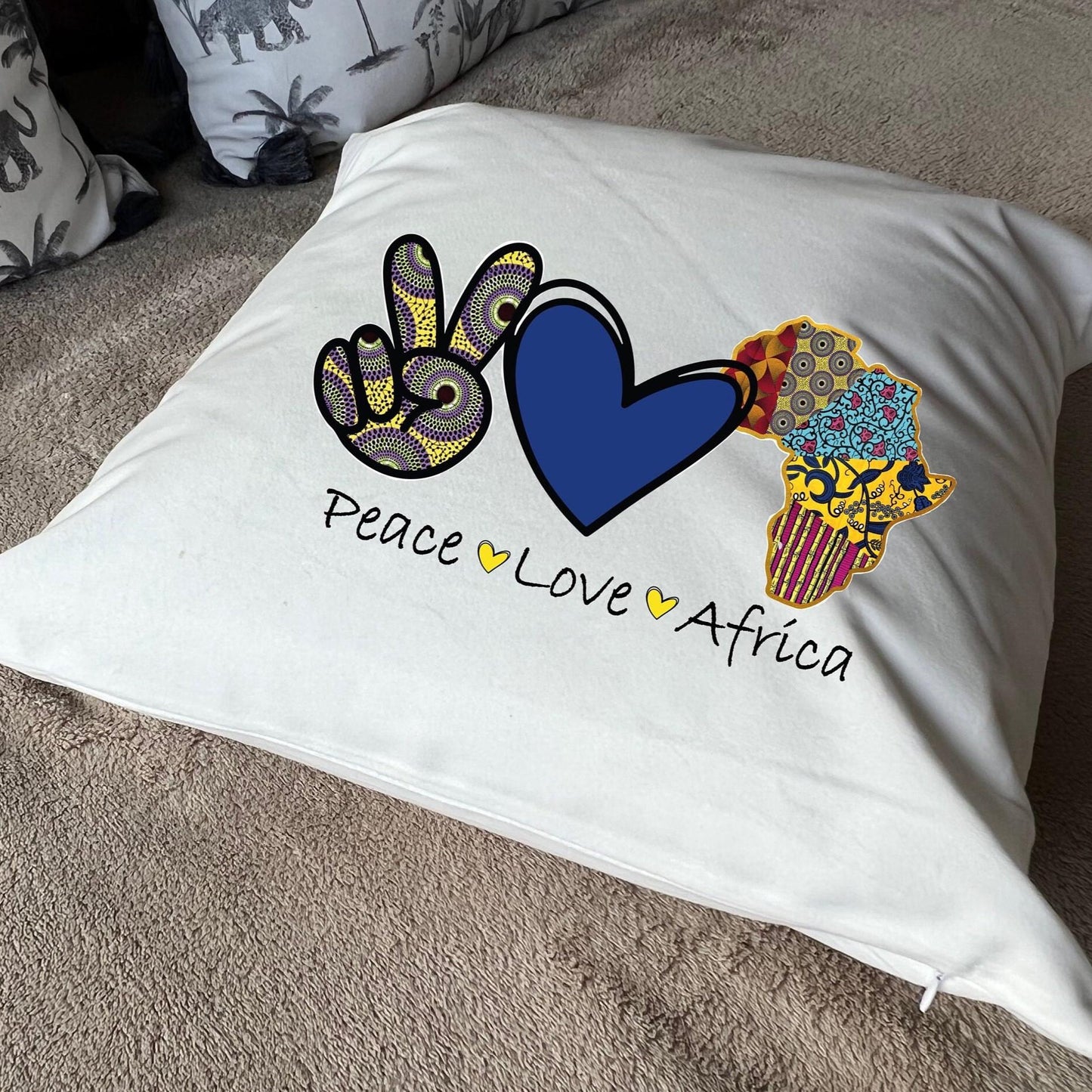 Peace Love Africa design South African Design plush white deluxe soft feel scatter cushion. ( 40x40cm )