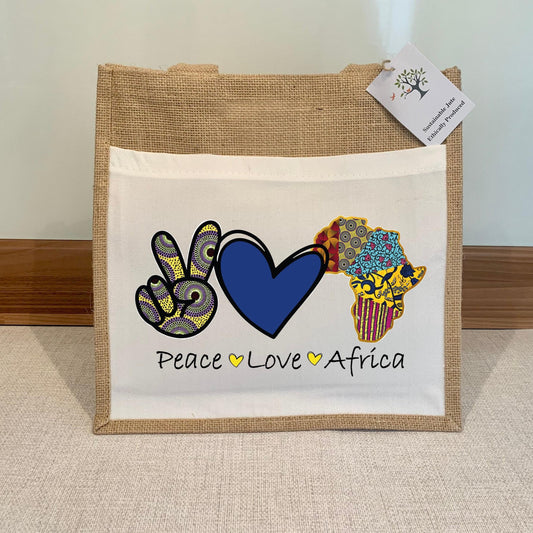 Peace Love Africa Jute Bag with fabric pocket. Eco-friendly Hessian Burlap Tote Reusable. Flag Art.