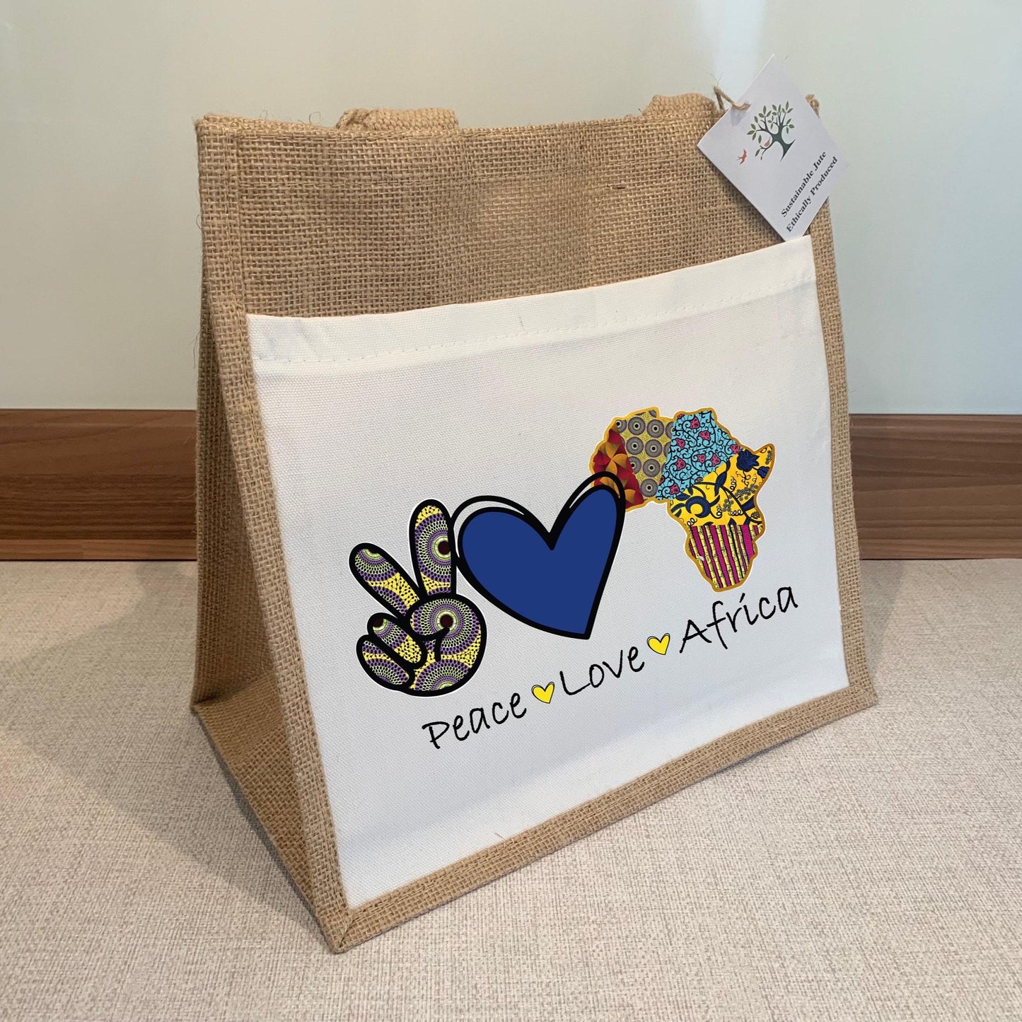 Peace Love Africa Jute Bag with fabric pocket. Eco-friendly Hessian Burlap Tote Reusable. Flag Art.