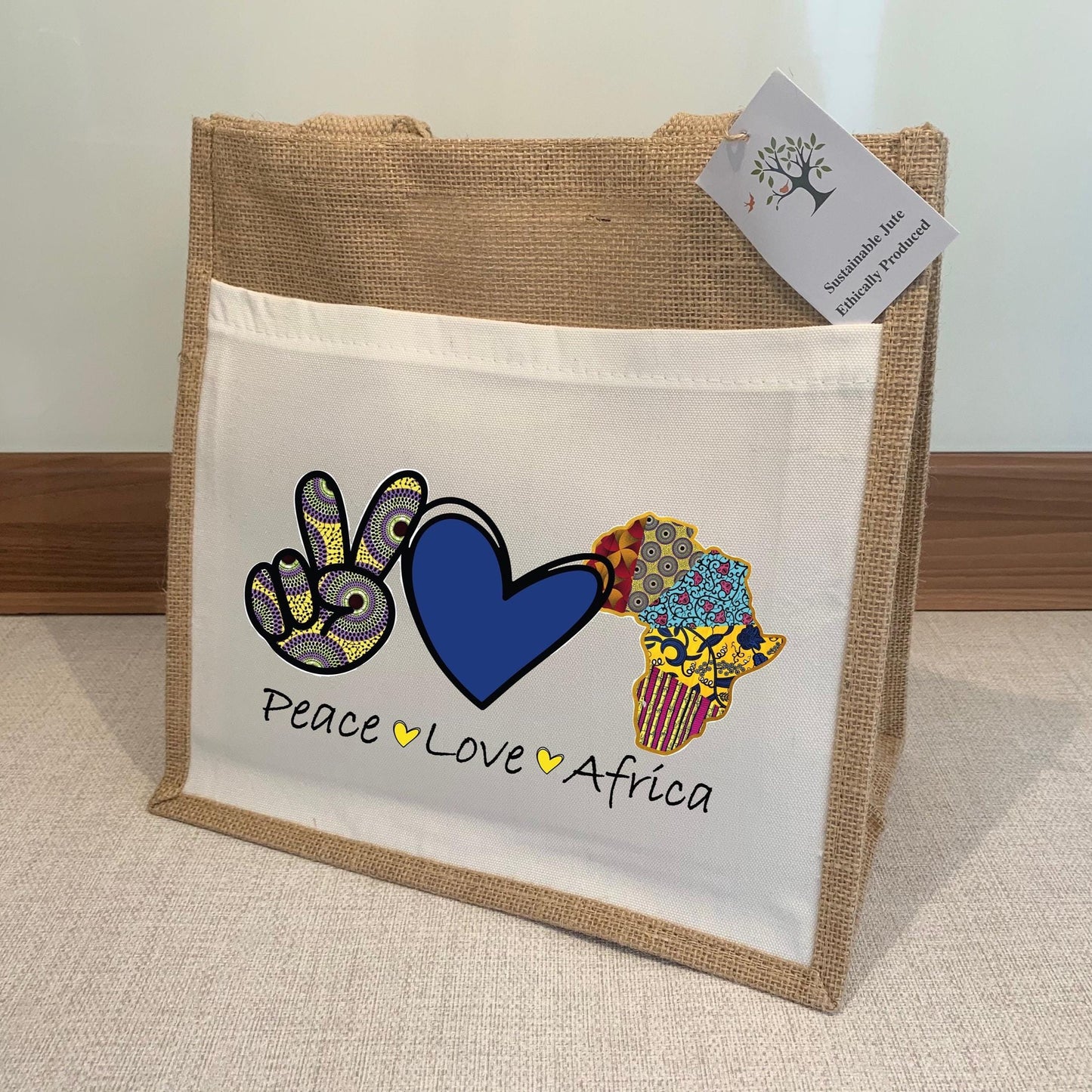 Peace Love Africa Jute Bag with fabric pocket. Eco-friendly Hessian Burlap Tote Reusable. Flag Art.
