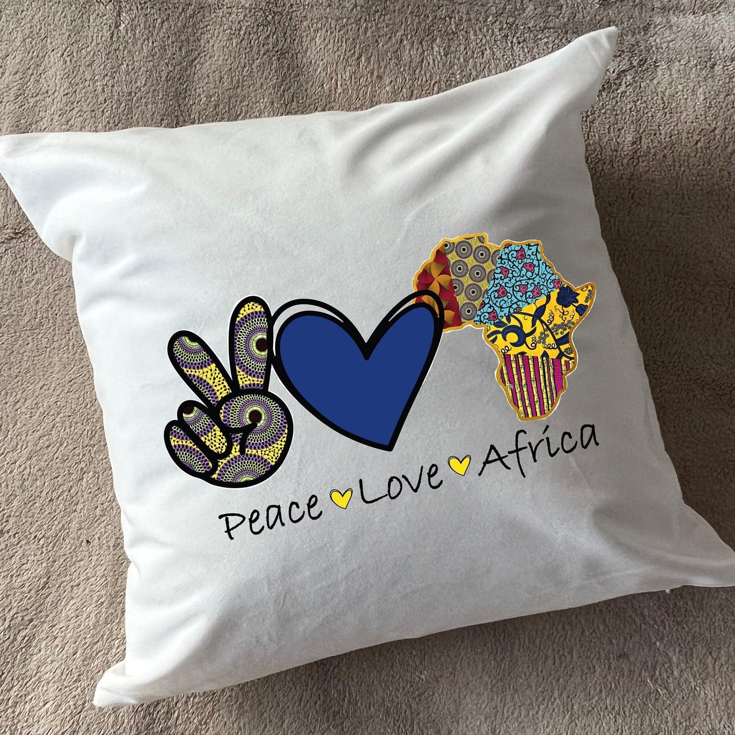 Peace Love Africa design South African Design plush white deluxe soft feel scatter cushion. ( 40x40cm )