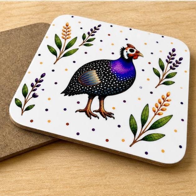 Guinea Fowl Floral Coaster – Glossy Decorative Drink Mat