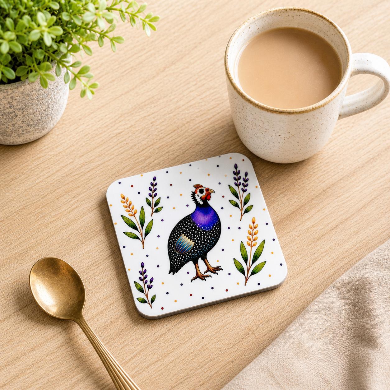 Guinea Fowl Floral Coaster – Glossy Decorative Drink Mat