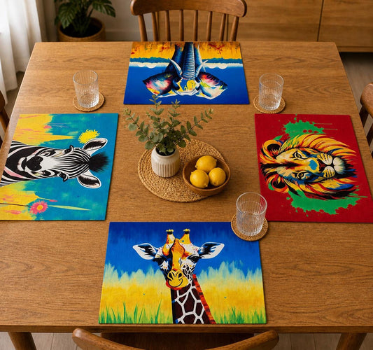 African Safari Linen Placemats – Set of 4 | Vibrant Animal Art Table Decor | Zebra, Lion, Giraffe, Elephant