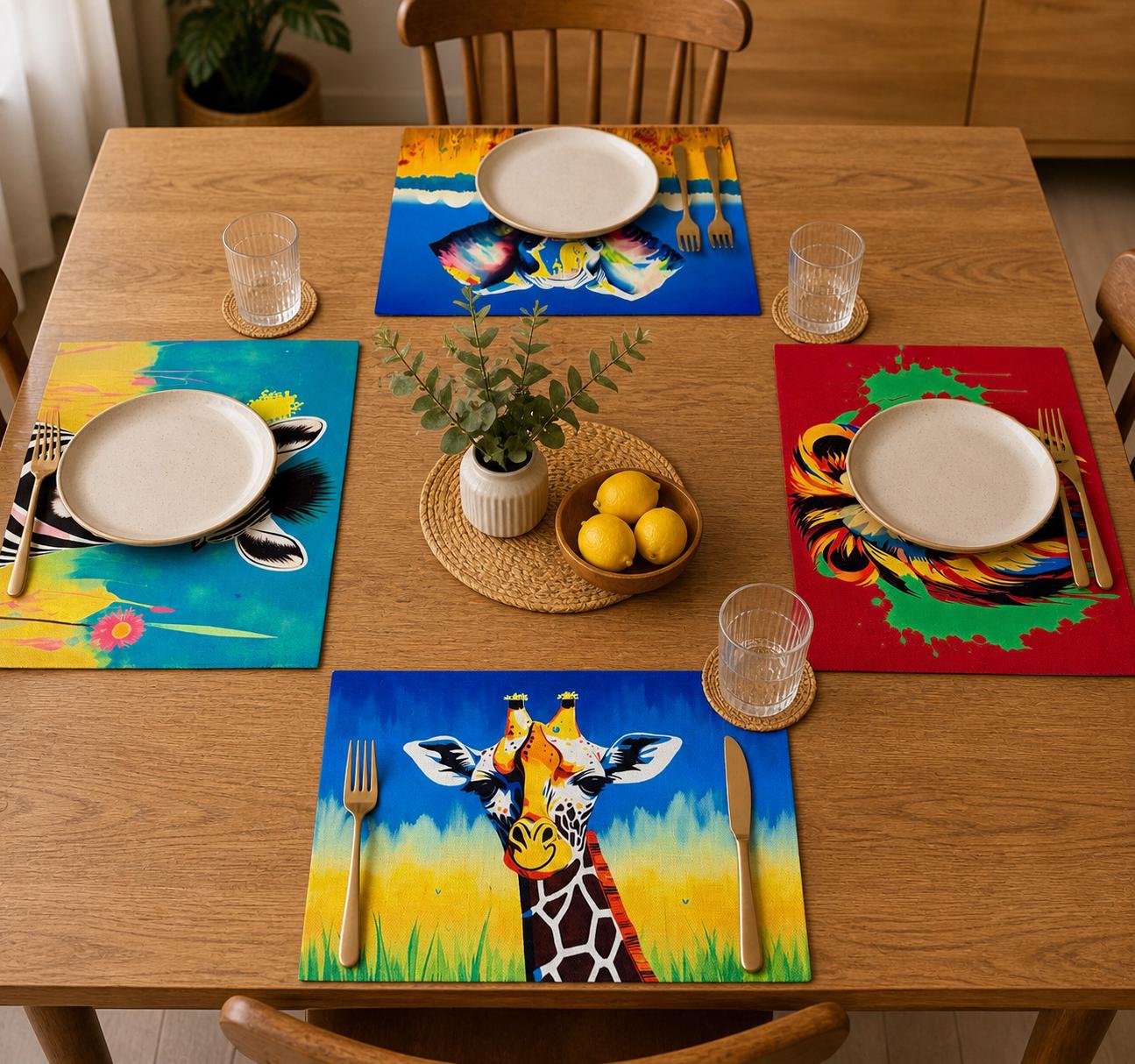 African Safari Linen Placemats – Set of 4 | Vibrant Animal Art Table Decor | Zebra, Lion, Giraffe, Elephant