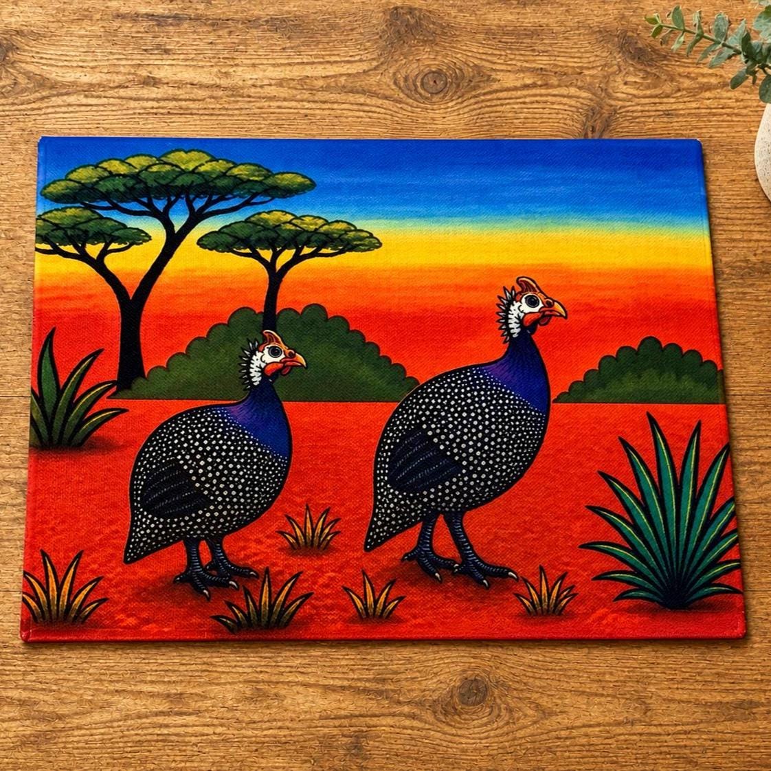 African Guinea Fowl Linen Placemats – Vibrant Safari Table Decor – Set of 4 Colorful Wildlife Placemats