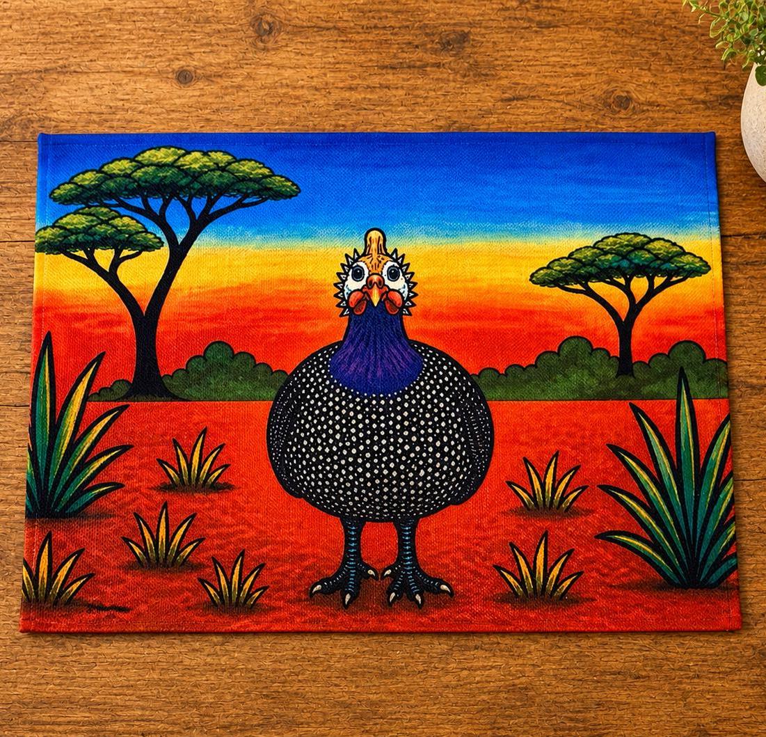 African Guinea Fowl Linen Placemats – Vibrant Safari Table Decor – Set of 4 Colorful Wildlife Placemats