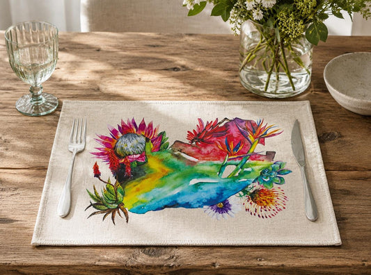 Watercolor South Africa Placemat – Colorful South African Map Table Mat African Botanical Protea Dining Decor Unique Travel Inspired Gift