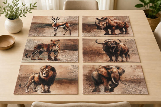 African Safari Linen Placemats Set Individual Rustic Wildlife Table Mats Lion Elephant Rhino Leopard Buffalo Antelope Springbok Animal Table Decor