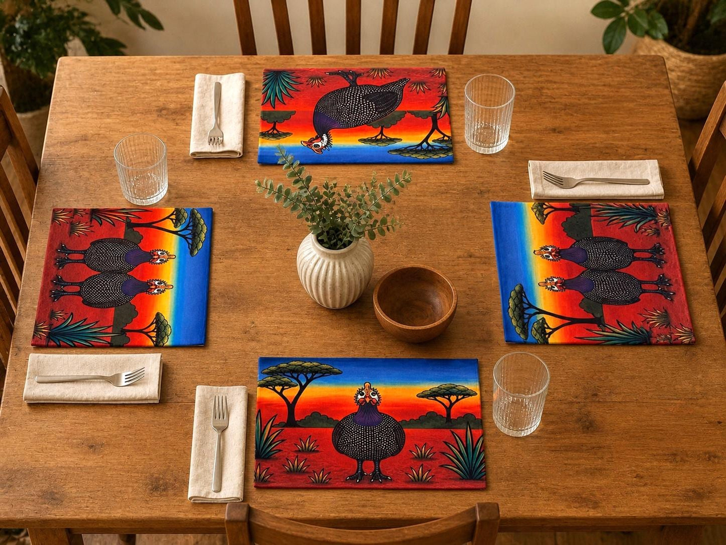 African Guinea Fowl Linen Placemats – Vibrant Safari Table Decor – Set of 4 Colorful Wildlife Placemats