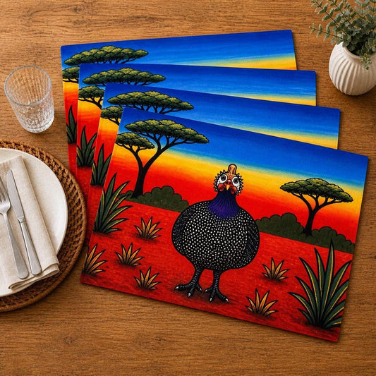 African Guinea Fowl Linen Placemats – Vibrant Safari Table Decor – Set of 4 Colorful Wildlife Placemats