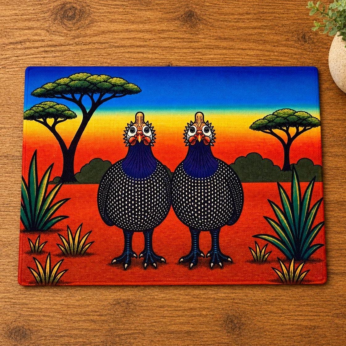 African Guinea Fowl Linen Placemats – Vibrant Safari Table Decor – Set of 4 Colorful Wildlife Placemats