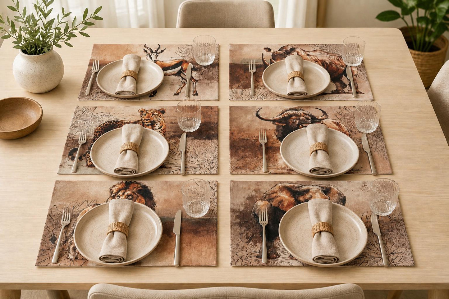 African Safari Linen Placemats Set Individual Rustic Wildlife Table Mats Lion Elephant Rhino Leopard Buffalo Antelope Springbok Animal Table Decor