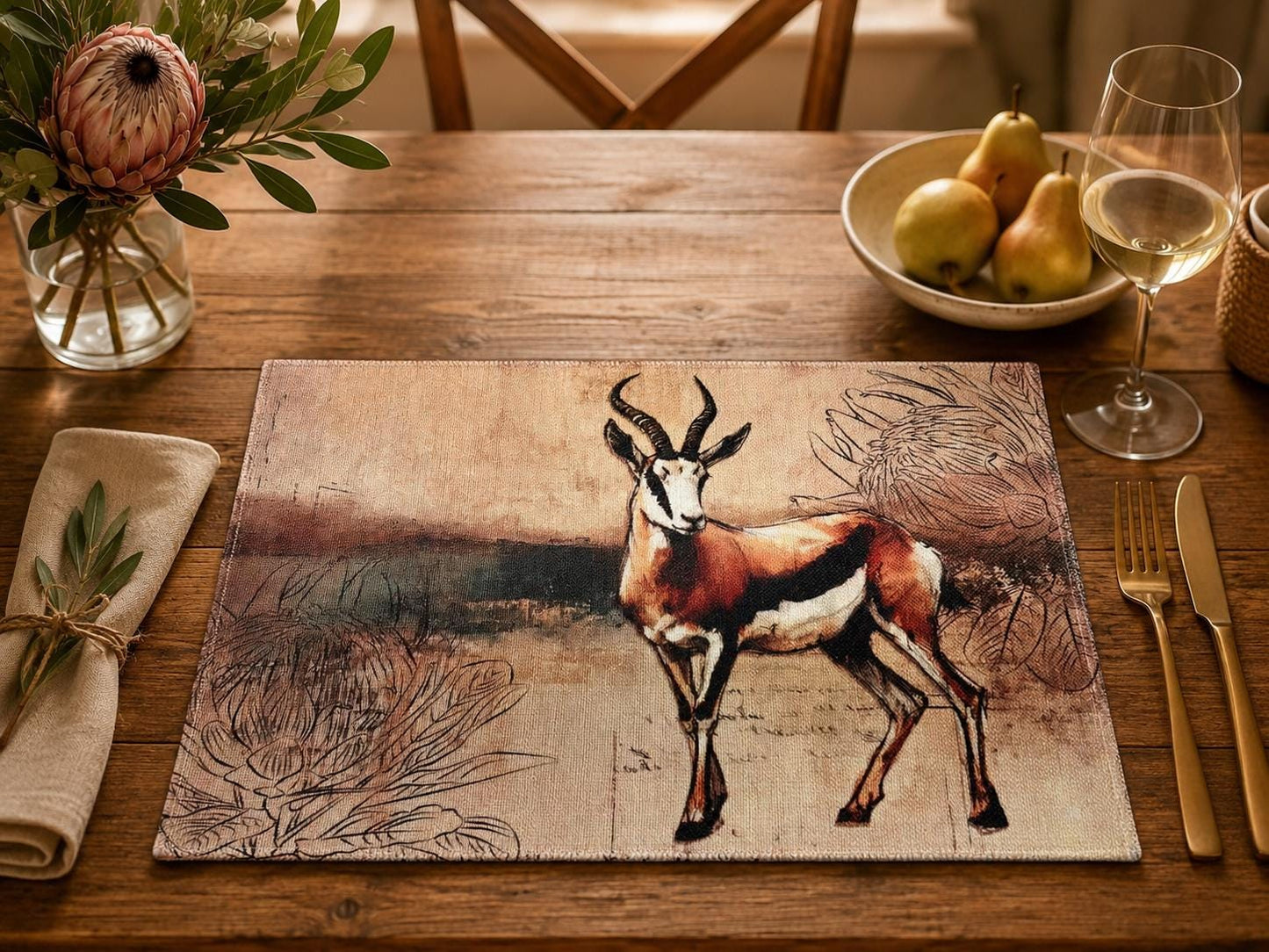 African Safari Linen Placemats Set Individual Rustic Wildlife Table Mats Lion Elephant Rhino Leopard Buffalo Antelope Springbok Animal Table Decor