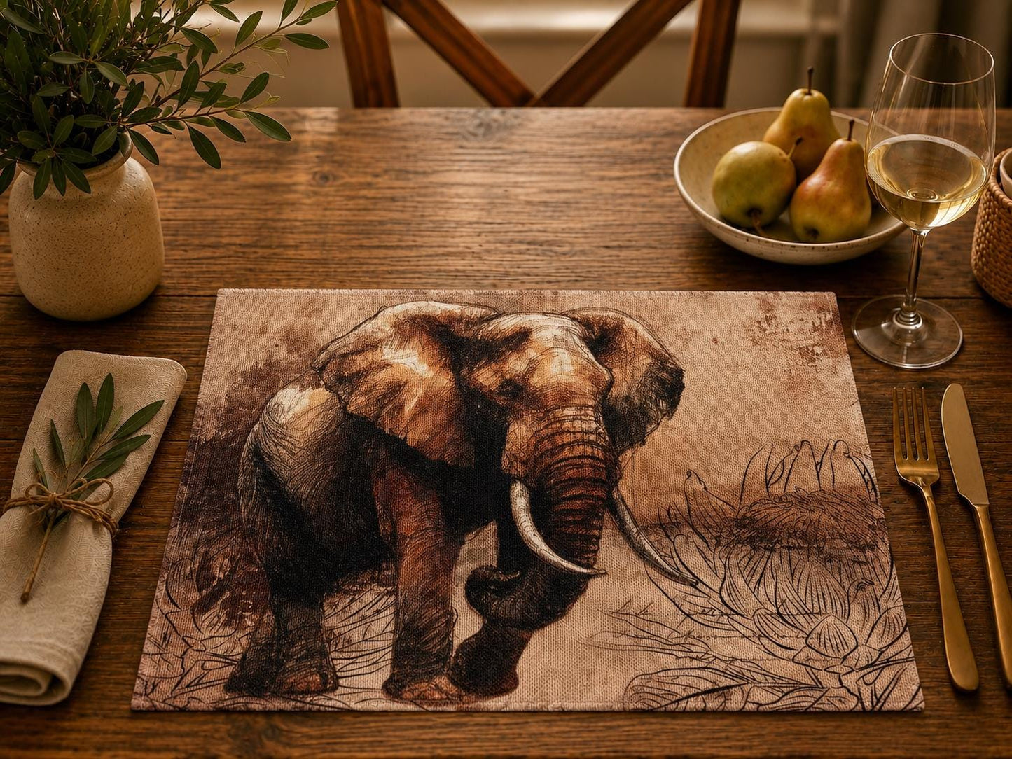 African Safari Linen Placemats Set Individual Rustic Wildlife Table Mats Lion Elephant Rhino Leopard Buffalo Antelope Springbok Animal Table Decor