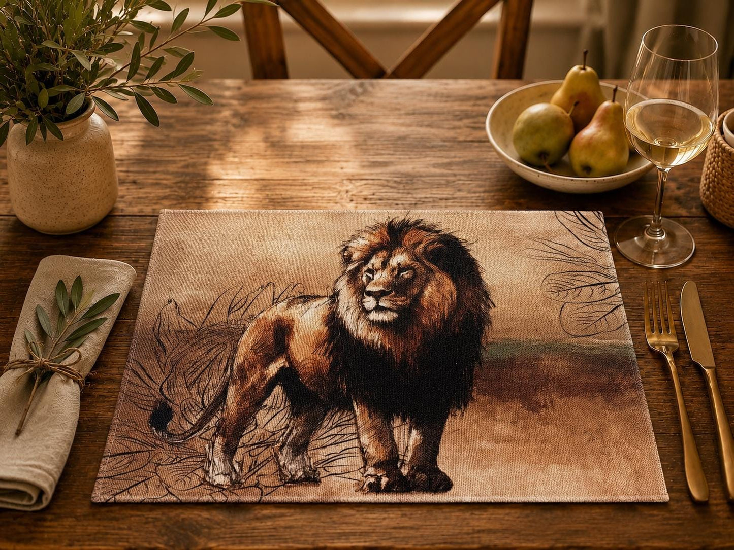 African Safari Linen Placemats Set Individual Rustic Wildlife Table Mats Lion Elephant Rhino Leopard Buffalo Antelope Springbok Animal Table Decor